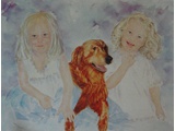 Item 113 Twin Girls and Red Setter, 22 by 16, watercolor, 2000